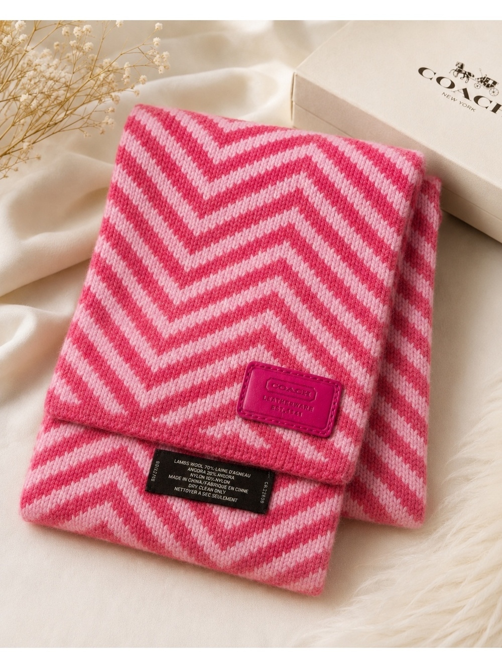 Coach Pink Chevron Lambswool Angora Blend Scarf Leather Logo